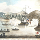 Representación de las hostilidades entre tahitianos y el Dolphins a su llegada. Wikimedia Commons